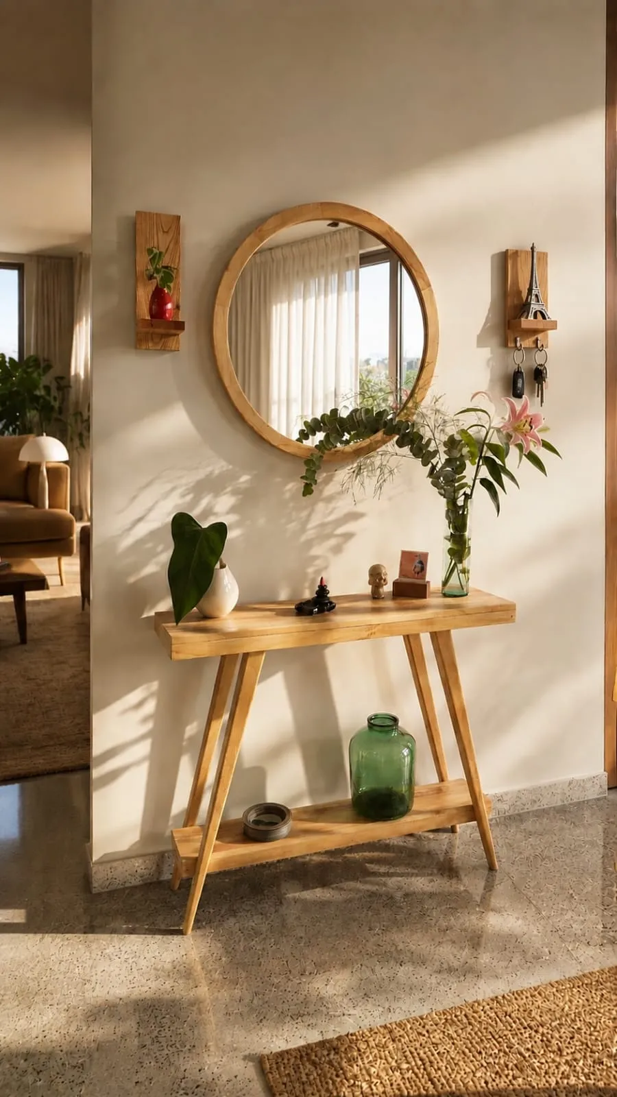 Mesa recibidor de madera y hierro en una entrada